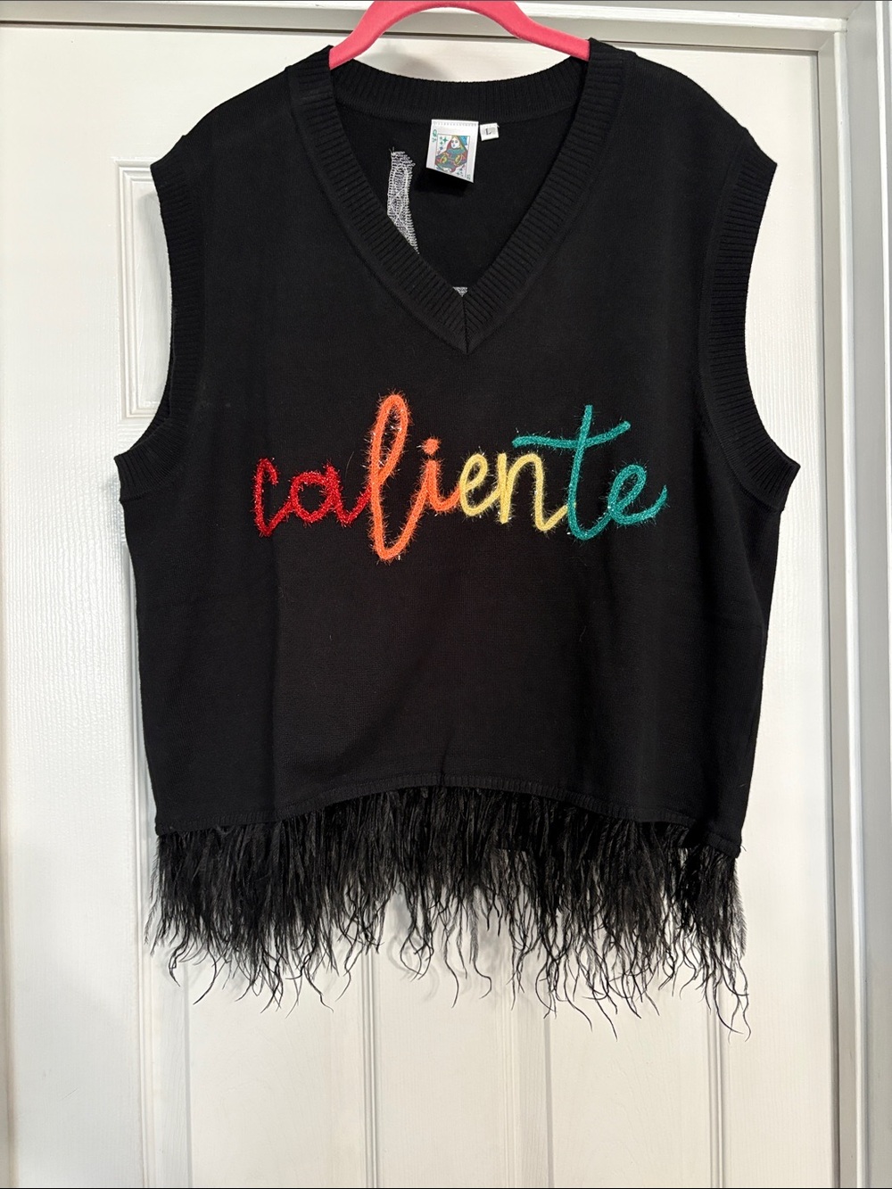 QUEEN OF SPARKLES Black V-Neck Sweater Vest with Multicolor "Caliente" Script